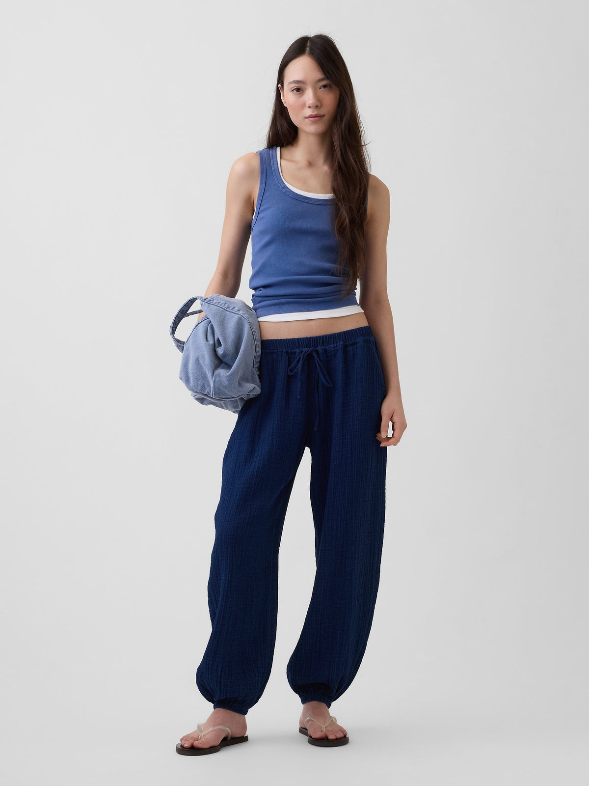 Koyu Mavi Pamuk Gauze Denim Easy Barrel Jogger Pantolon