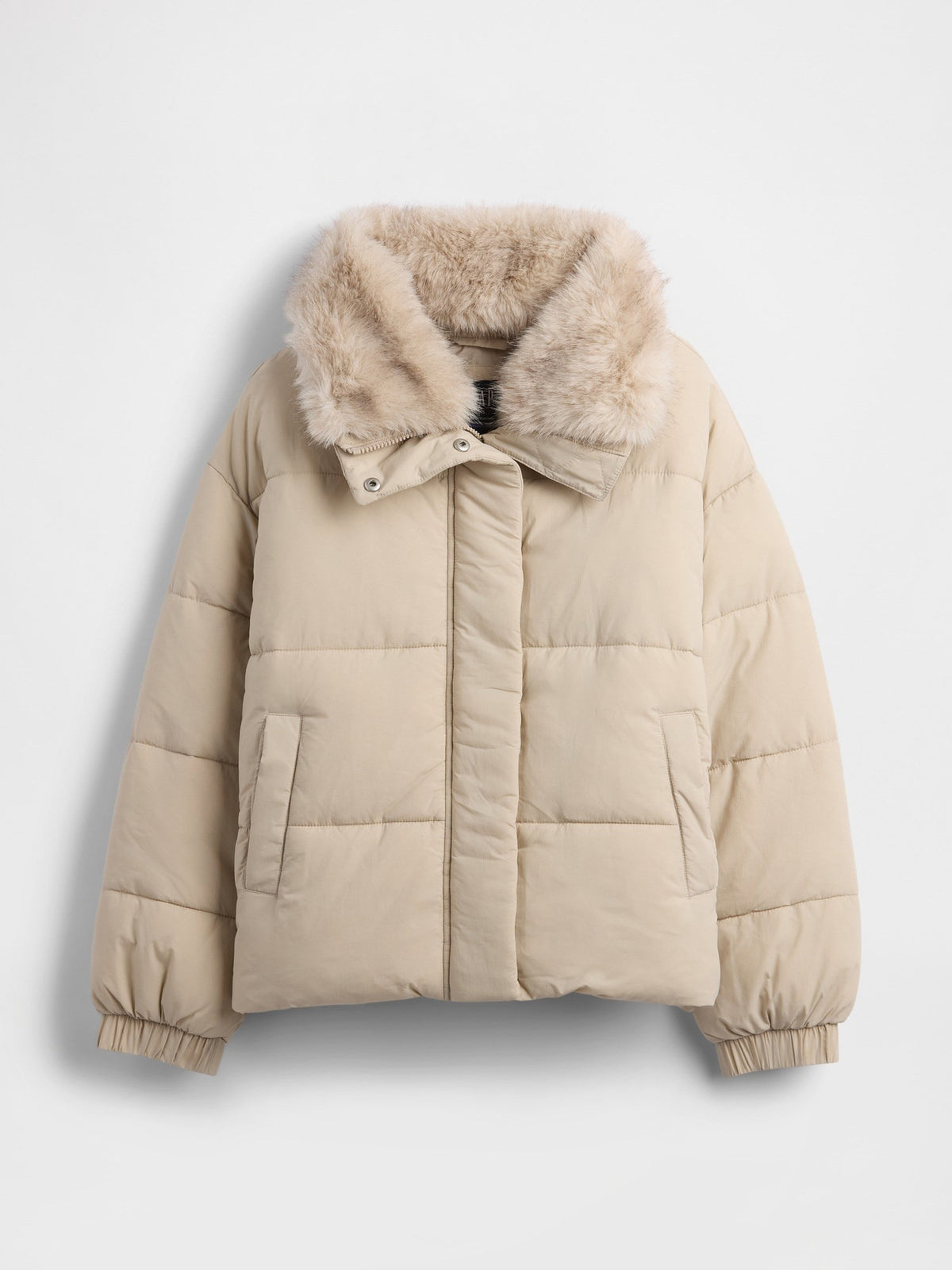 Bej Faux Fur-trim Puffer Şişme Mont