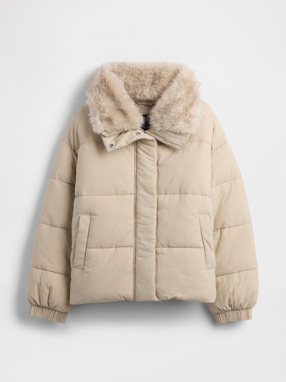 Bej Faux Fur-trim Puffer Şişme Mont