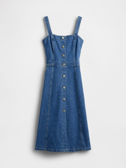Mavi Denim Düğmeli Midi Elbise