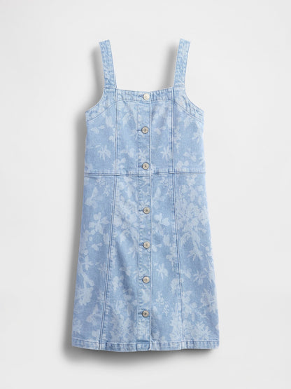 Açık Mavi Denim Çiçekli Elbise