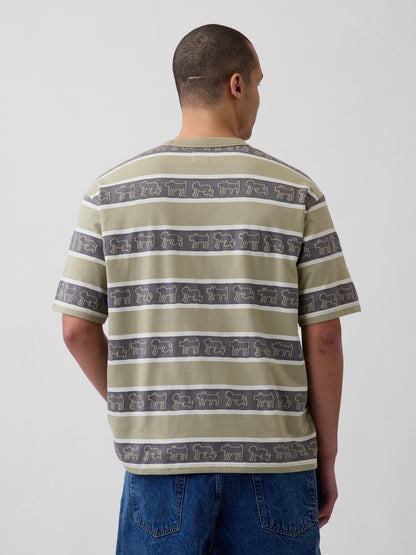 Haki Keith Haring Oversized Çizgili T-shirt