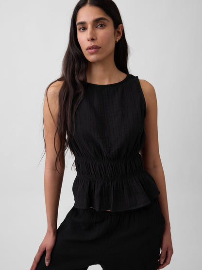 Siyah Pamuklu Gauze Smocked-waist Peplum Bluz