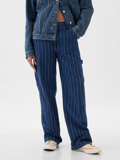 Koyu Mavi Mid Rise '90s Loose Çizgili Carpenter Jean Pantolon