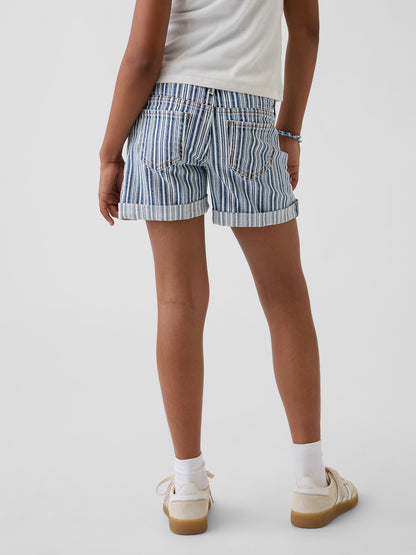 Mavi Denim Çizgili Midi Şort