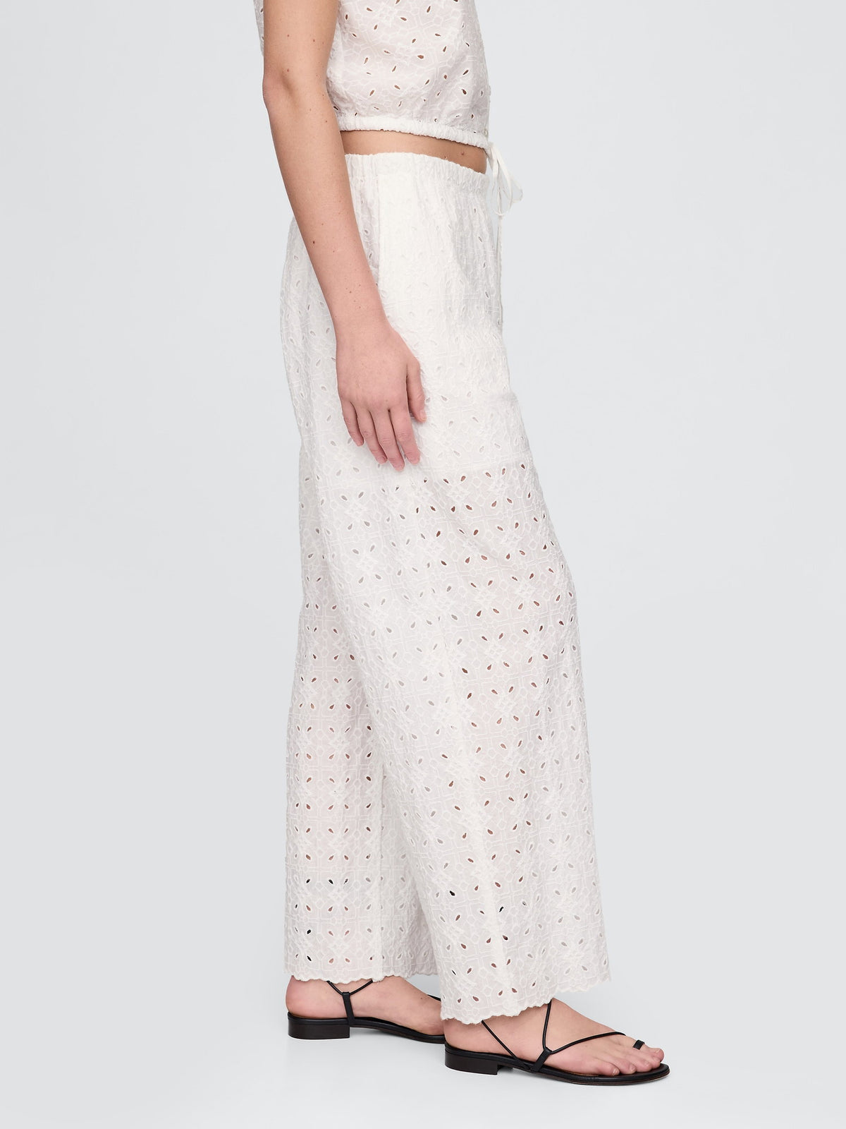 Beyaz Mid Rise Eyelet Kolay Wide-leg Pantolon