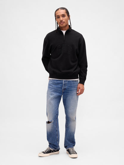 Siyah Heavyweight Oversized Logo Yarım Fermuarlı Pullover