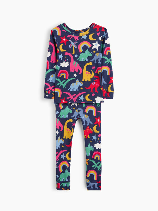 Lacivert Organik Brushed Pamuklu Rainbow Dino Pijama Takımı