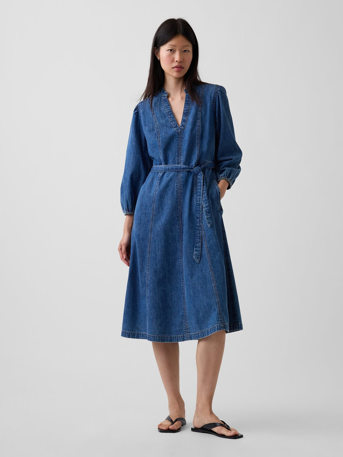 Mavi Denim Kemerli Midi Elbise