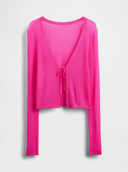 Pembe Transparan Fitilli Bağcıklı Crop Triko Hırka