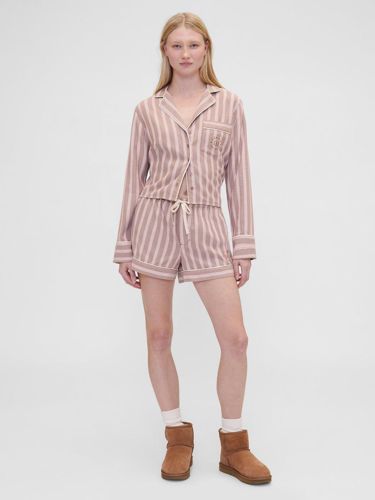 Koyu Pembe Gap × Summer Fridays Relaxed Flannel Çizgili Pijama Üstü