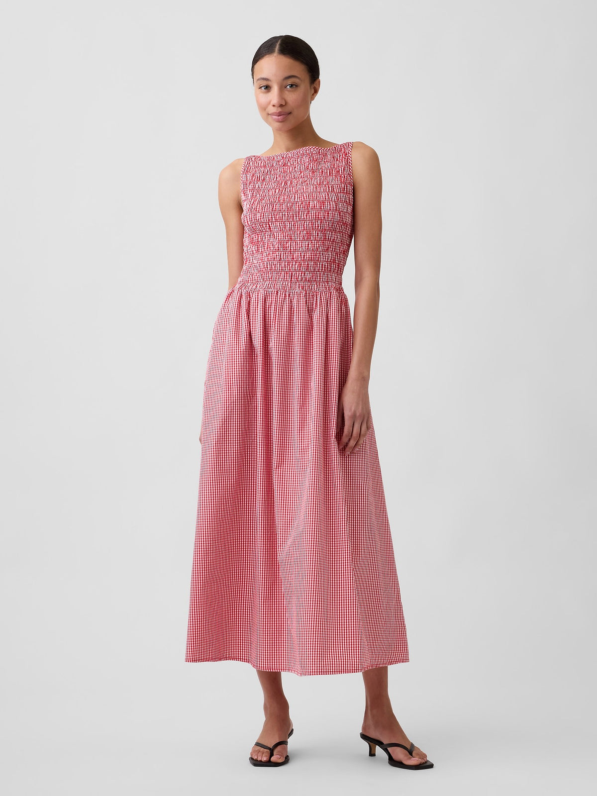 Beyaz Smocked Boatneck Maxi Elbise