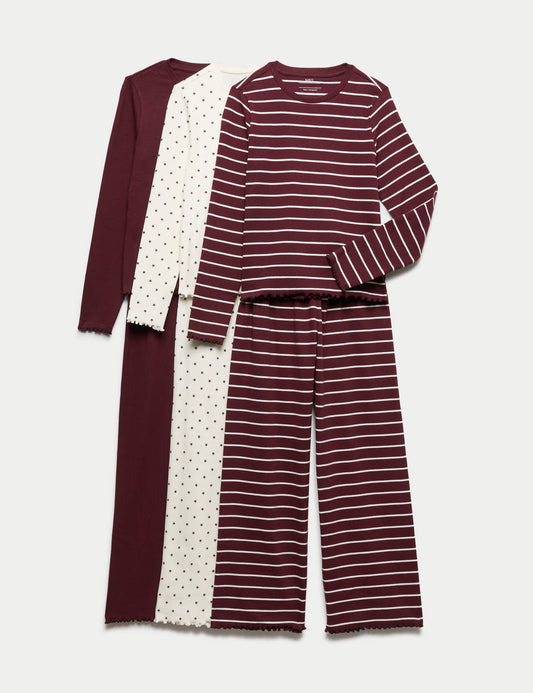 3'lü Desenli Fitilli Pamuklu Çocuk Pijama Takımı