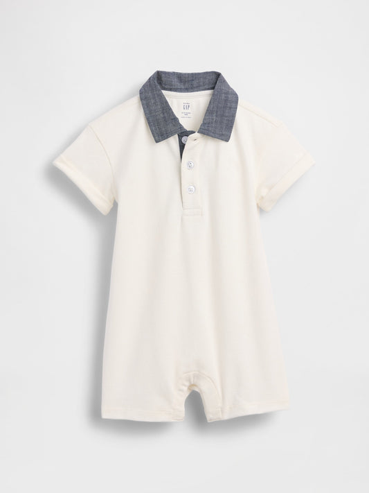 Beyaz Baby Pique Polo Şort Tulum