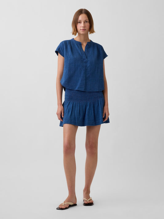 Mavi Pamuk Gauze Denim Smocked Waist Mini Şort