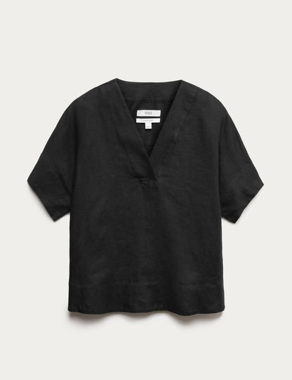 %100 Keten V Yaka Popover Bluz