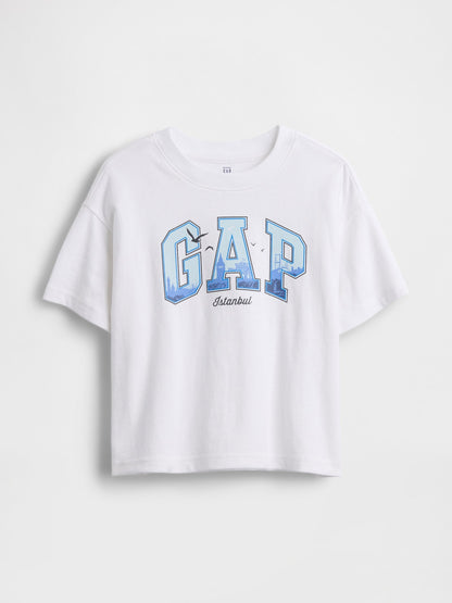 Beyaz Istanbul Logo Grafik Baskılı T-shirt