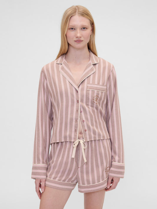 Koyu Pembe Gap × Summer Fridays Relaxed Flannel Çizgili Pijama Üstü