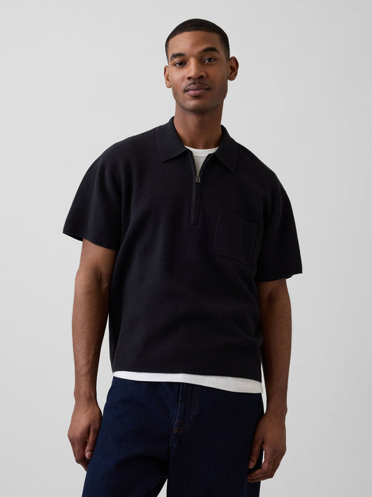 Siyah Oversized Yarım Fermuarlı Cepli Triko Polo T-shirt