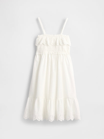 Beyaz Kids Smocked Ruffle Midi Elbise
