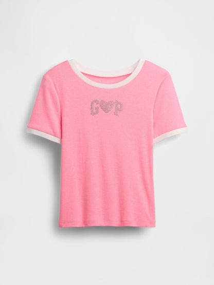 Pembe Ringer Grafik Baskılı T-shirt