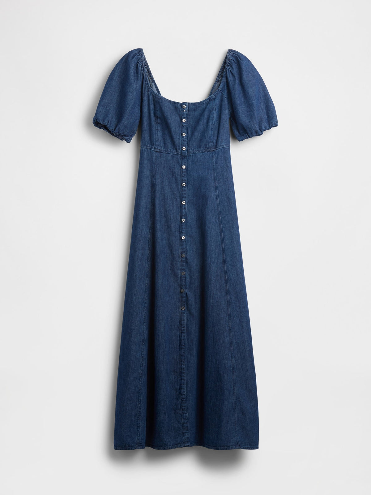 Koyu Mavi Denim Puff-sleeve Button-front Maxi Elbise