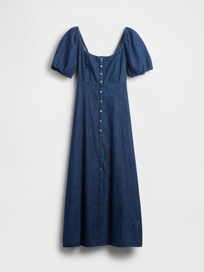 Koyu Mavi Denim Puff-sleeve Button-front Maxi Elbise