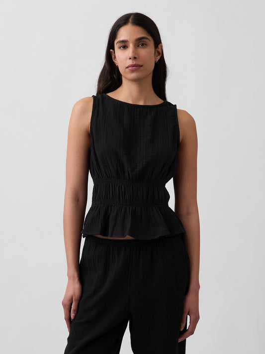 Siyah Pamuklu Gauze Smocked-waist Peplum Bluz