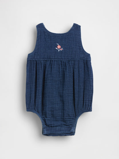 Koyu Mavi Pamuk Gauze Denim Balon Bodysuit