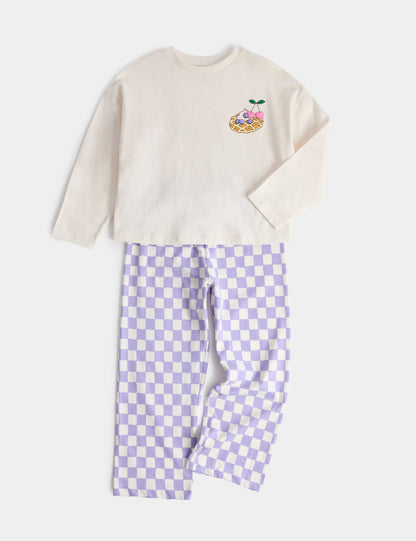 Saf Pamuklu Waffle Desenli Çocuk Pijama Takımı