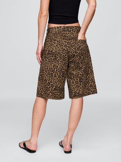 Kahverengi 11 Mid Rise Denim Leopar Longline Şort