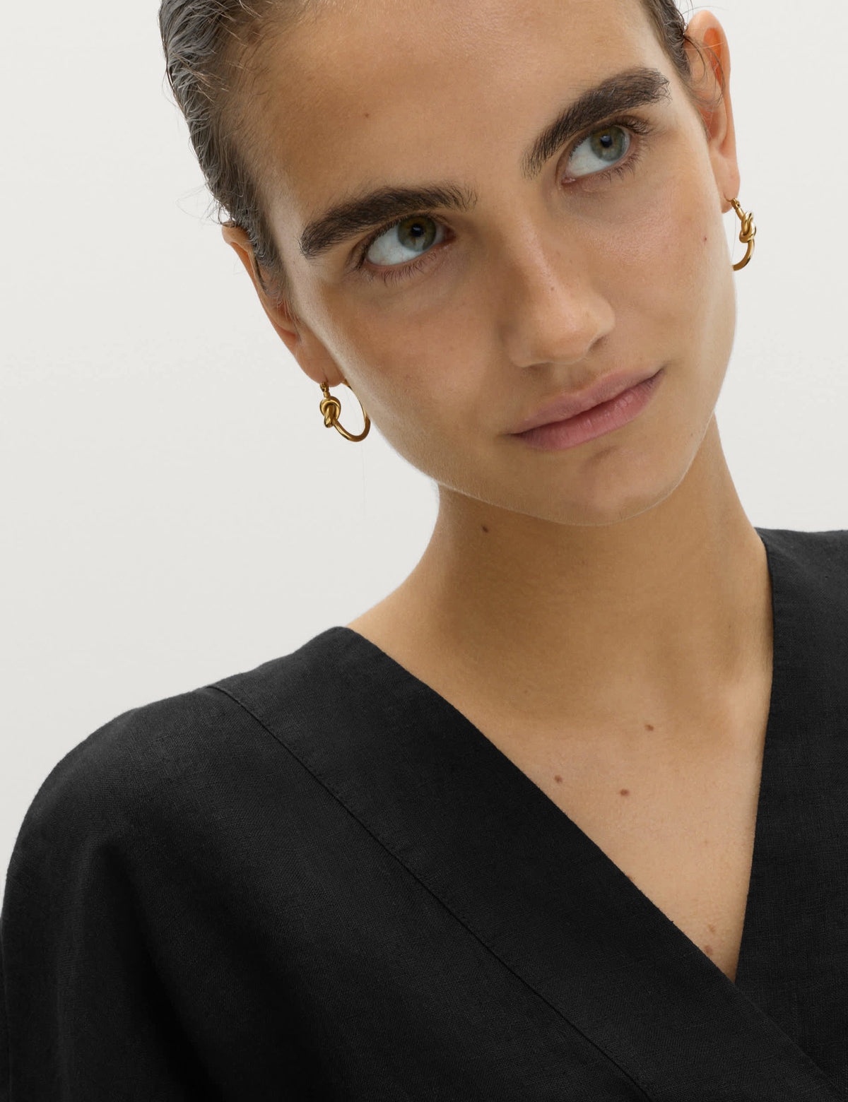 %100 Keten V Yaka Popover Bluz