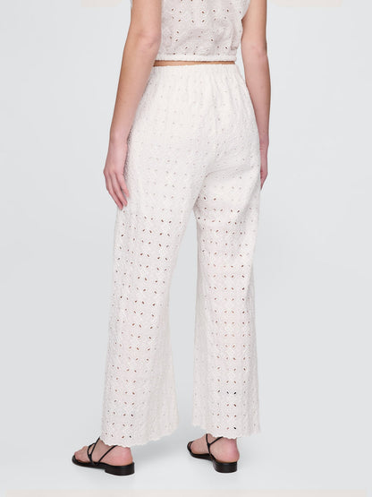 Beyaz Mid Rise Eyelet Kolay Wide-leg Pantolon