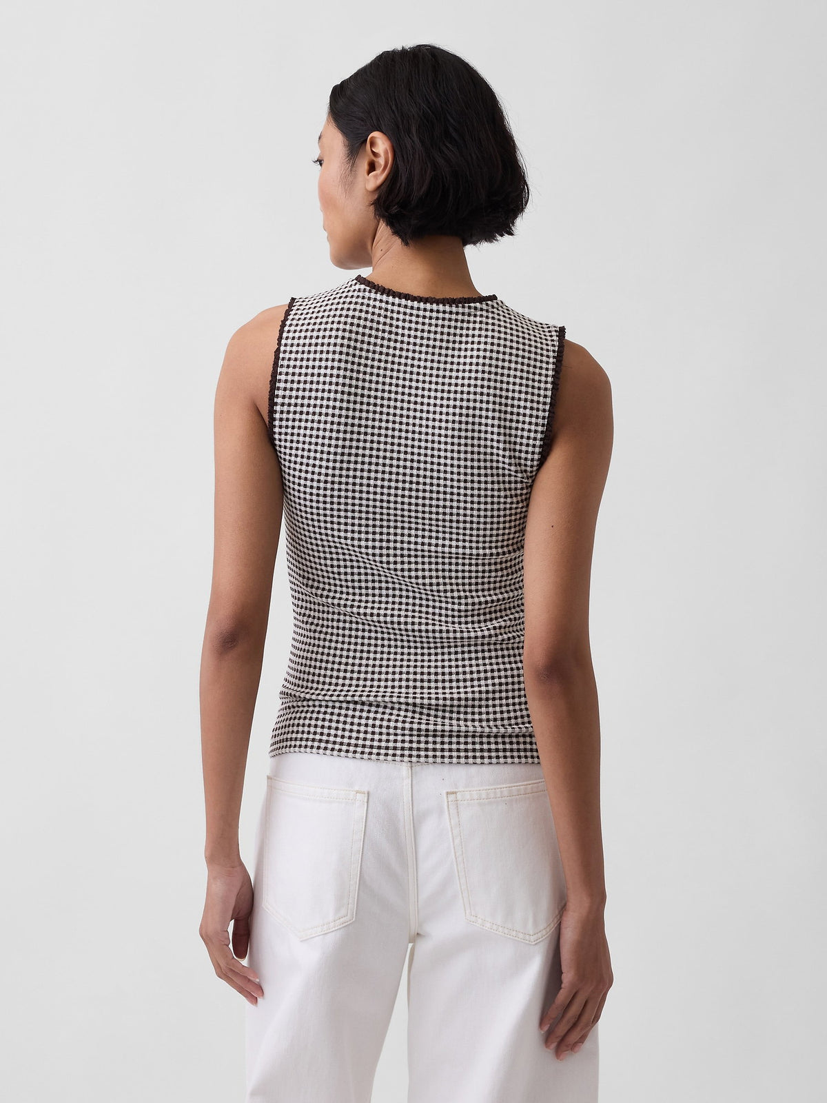 Beyaz Gingham Pointelle Shell Kolsuz Bluz