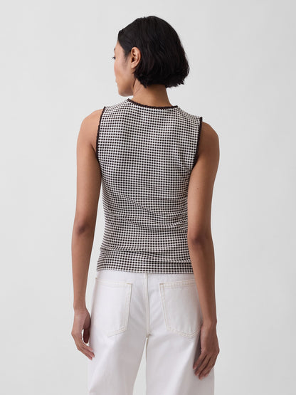 Beyaz Gingham Pointelle Shell Kolsuz Bluz