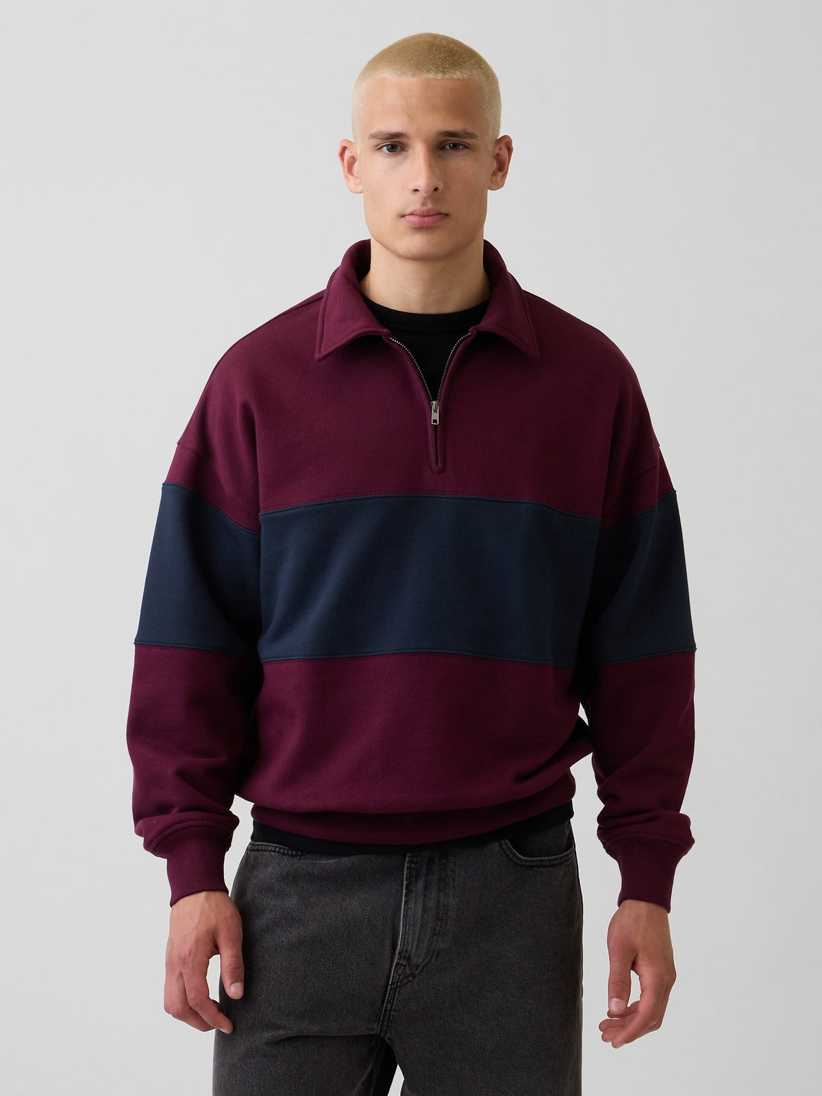 Bordo Heavyweight Oversized Çizgili Yarım Fermuarlı Sweatshirt