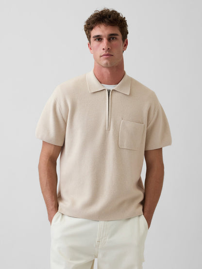 Siyah Oversized Yarım Fermuarlı Cepli Triko Polo T-shirt