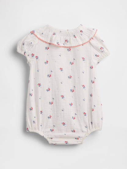 Beyaz Pamuk Gauze Çiçekli Yaka Bodysuit