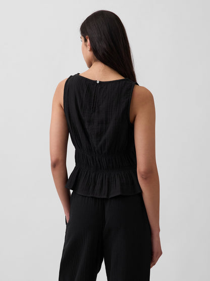 Siyah Pamuklu Gauze Smocked-waist Peplum Bluz