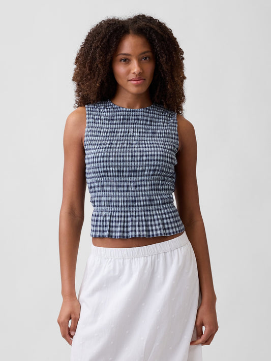 Mavi Smocked Gingham Crop Peplum Üst