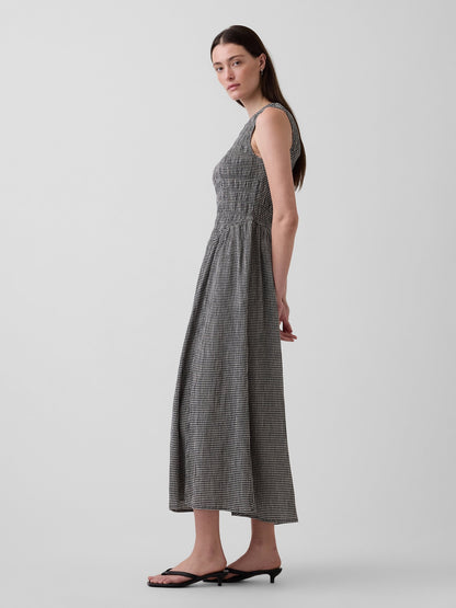 Siyah Gingham Smocked Drop-waist Maxi Elbise