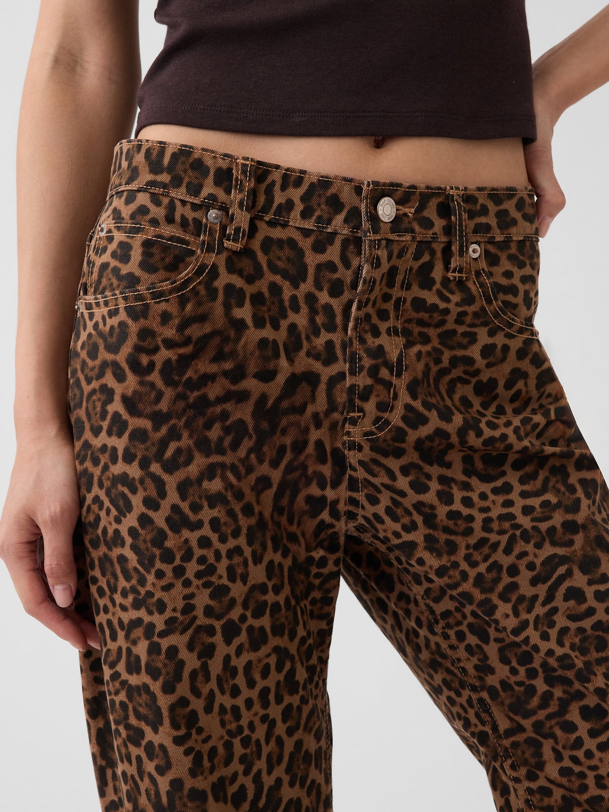 Kahverengi Mid Rise Straight Taper Leopar Jean Pantolon