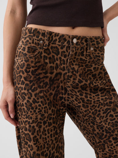 Kahverengi Mid Rise Straight Taper Leopar Jean Pantolon