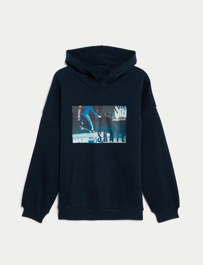 Pamuk Karışımlı Skate Grafik Kapşonlu Sweatshirt (6-16 Yaş)