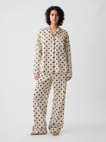Bej Desenli Poplin Pijama Üstü