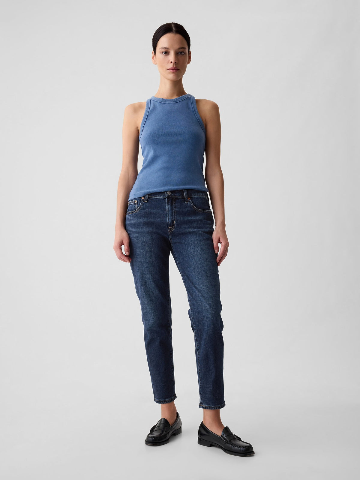 Koyu Mavi Mid Rise Girlfriend Jean Pantolon