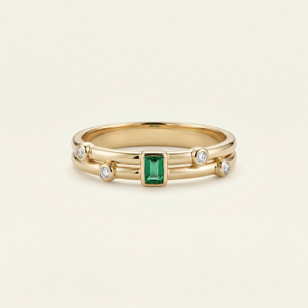 Emerald Zümrüt Renk Baget Ve Yuvarlak Kesim Taşlı Altın Yüzük
