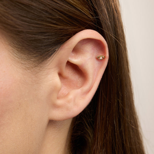Eyes White Göz Figürlü Tek Taşlı Altın Kulak Piercing