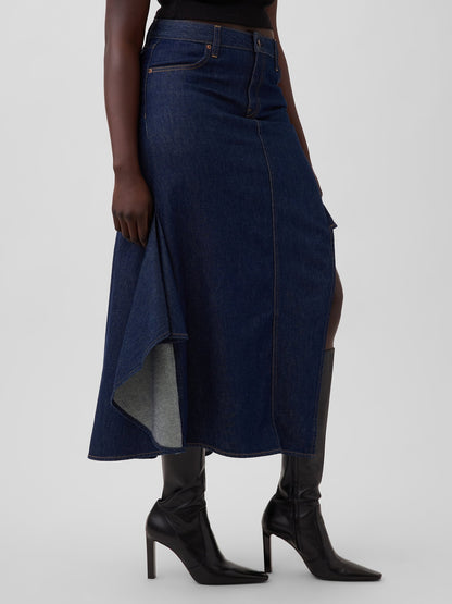 Koyu Mavi Gap × Hfr Fırfırlı Denim Midi Etek By Igdalyah