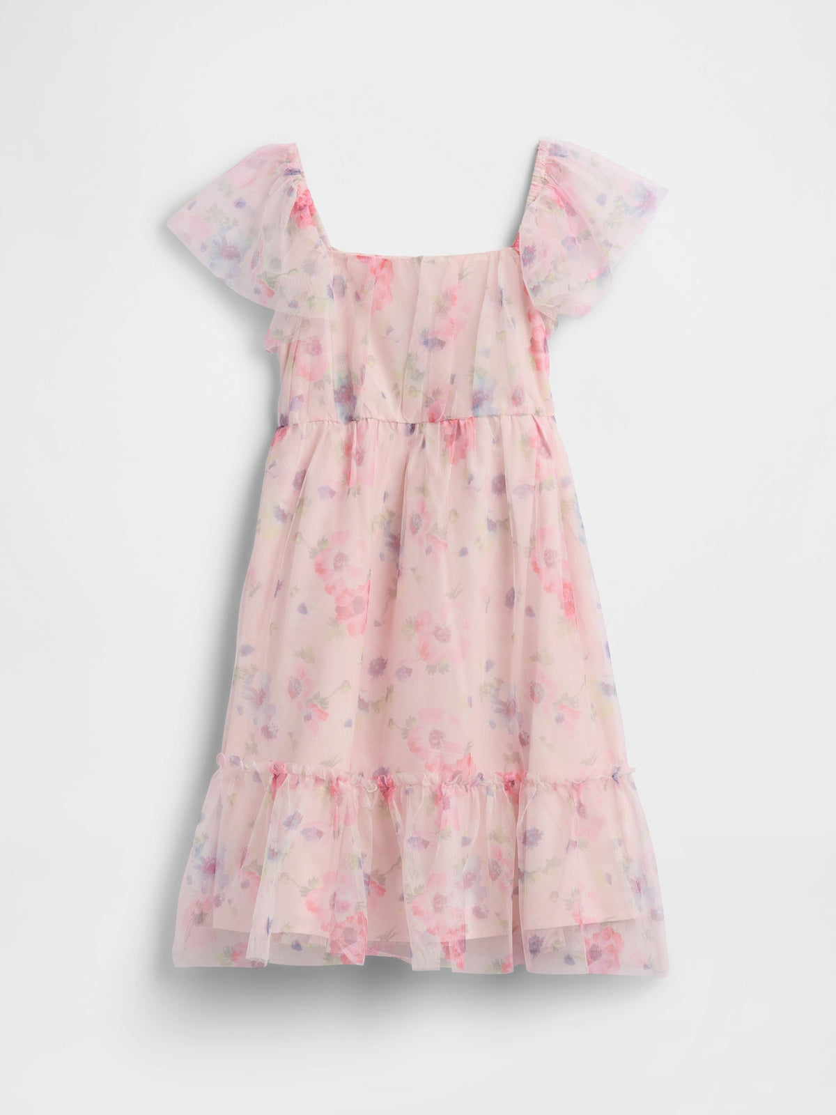 Açık Pembe Tulle Flutter Sleeve Elbise